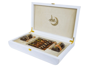 Luxury white leather box containing (250g Sidr honey and 250g Samr honey) with a selection of dates with nuts